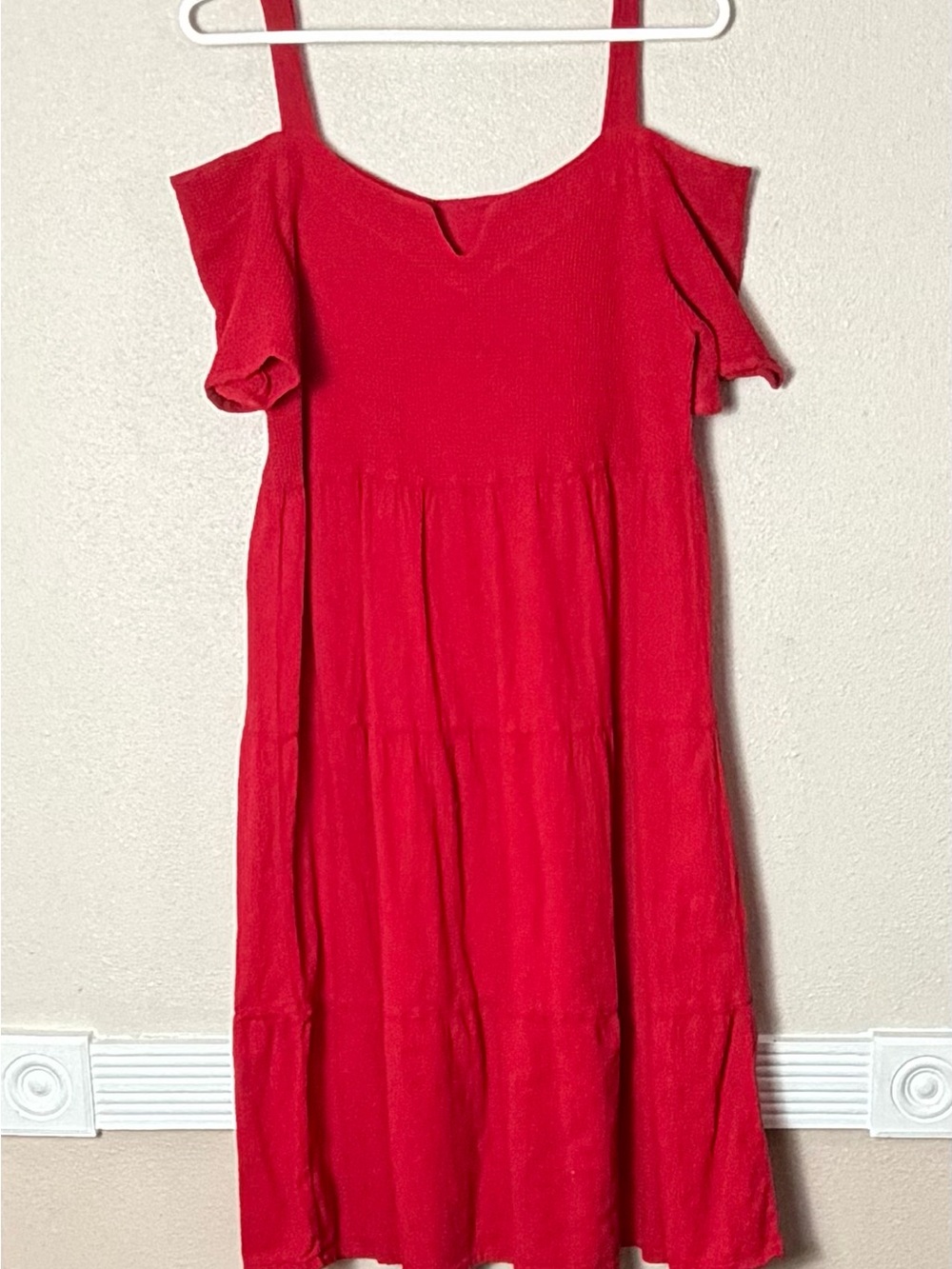 Dunes Cotton Sleeveless Off-Shoulder Tiered Midi Dress in Red